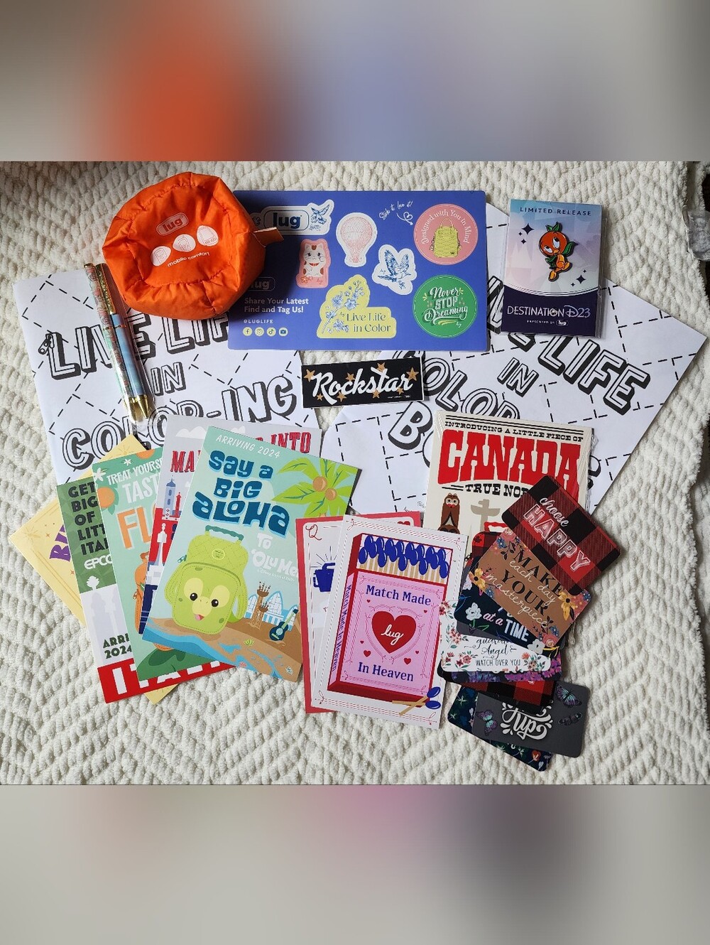 LUG Lot of LUG - Orange Bird pin, Pens, stickers, cards, Beanie, etc